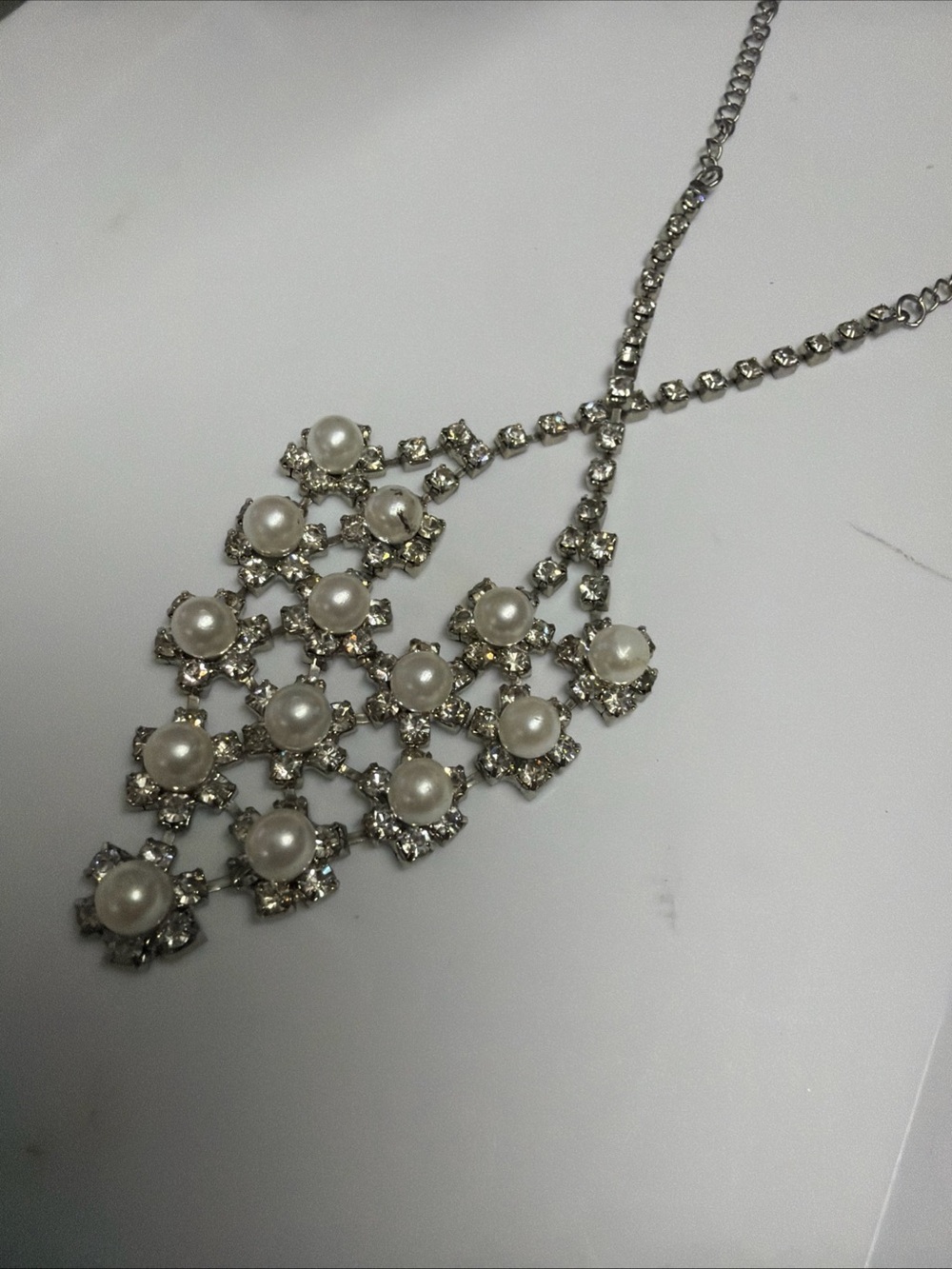 Elegant 24” Faux Pearl and Crystal Glass Drop Necklace - Silver Tone